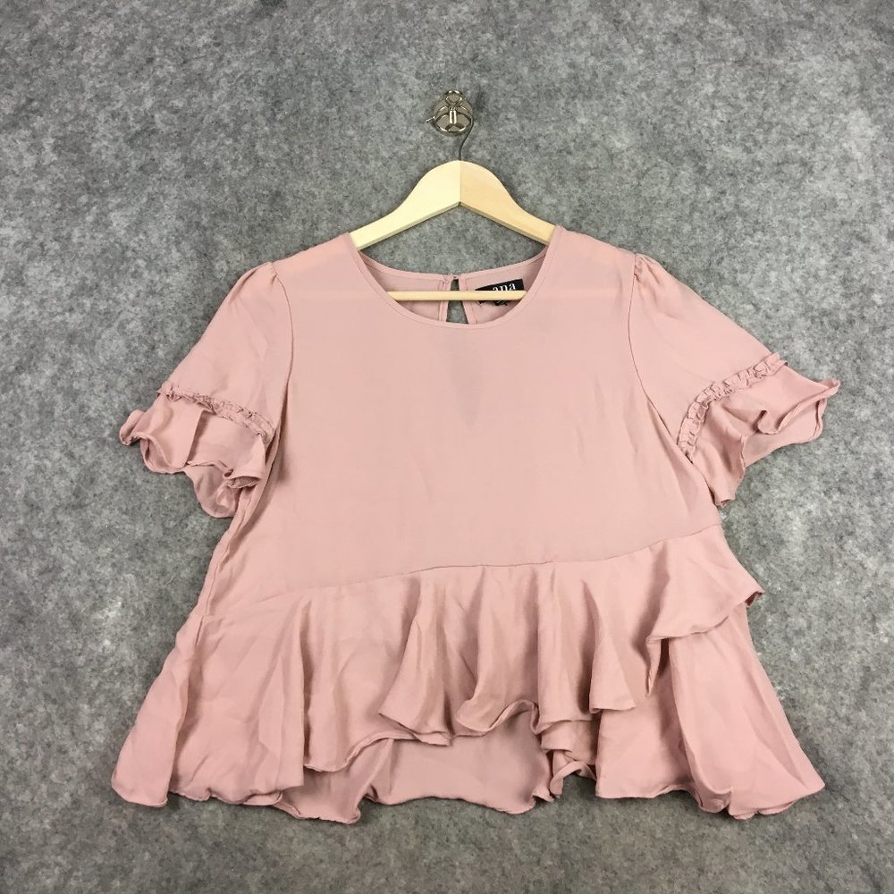ana Top S Blouse Mauve Pink Dusty Ruffled Tiered Aymmetric Modest Crop Career